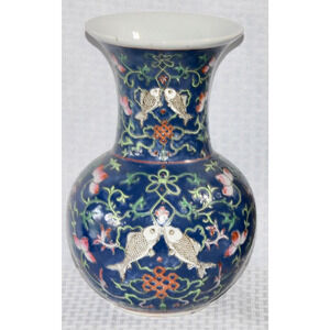 Japanese Enamelled Ceramic Hand Painted Peaches and Fish Trumpet Vase